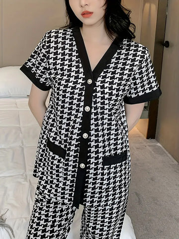 Elegant Hounds tooth Print Pajama Set