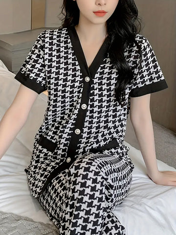 Elegant Hounds tooth Print Pajama Set