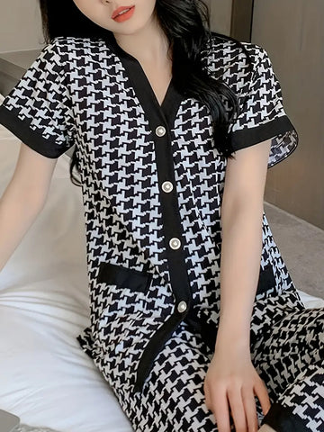 Elegant Hounds tooth Print Pajama Set