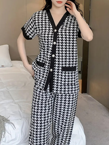 Elegant Hounds tooth Print Pajama Set