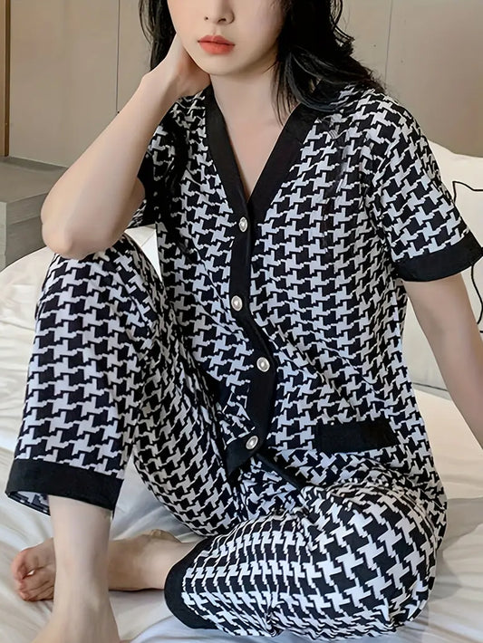 Elegant Hounds tooth Print Pajama Set