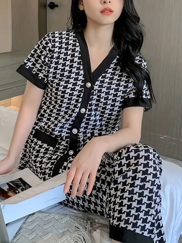 Elegant Hounds tooth Print Pajama Set