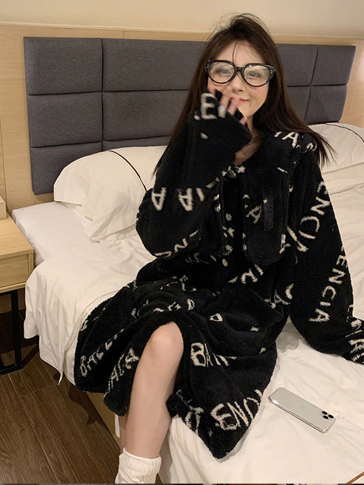 Fleece Thick Contrast Hooded Robe