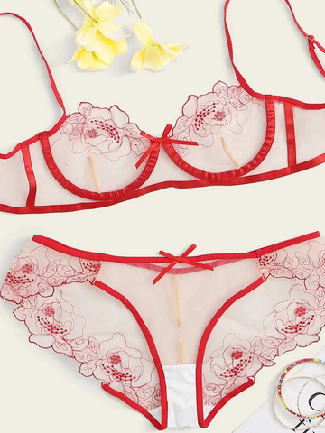 Floral Embroidery Mesh Lingerie Set