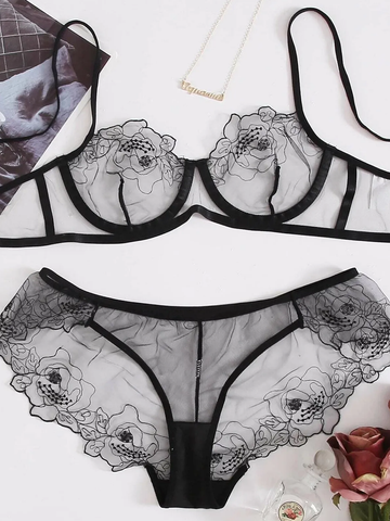 Floral Embroidery Mesh Lingerie Set