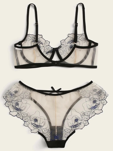 Floral Embroidery Mesh Lingerie Set