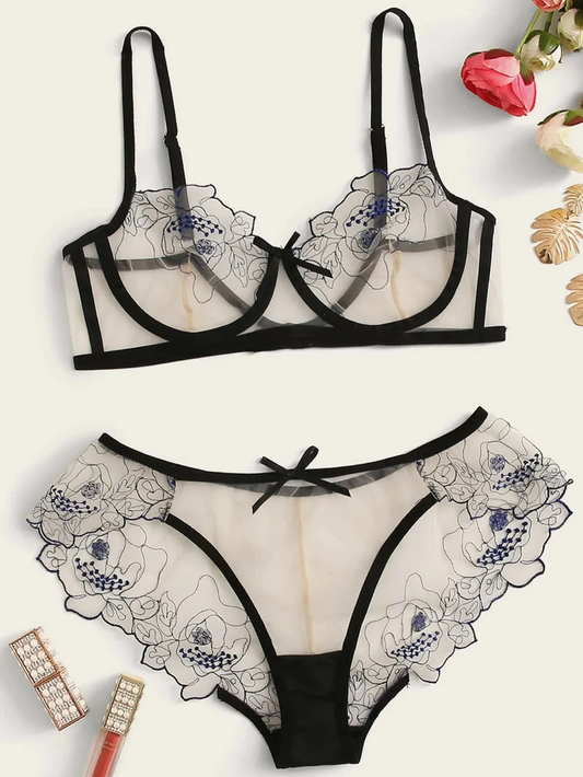 Floral Embroidery Mesh Lingerie Set