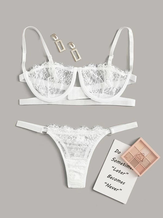 Floral Lace Cut-out Ring Linked Underwire Lingerie Set