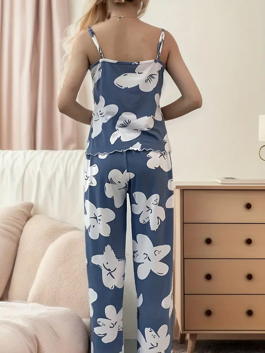 Floral Print Cami Pajama Set - Haze Blue