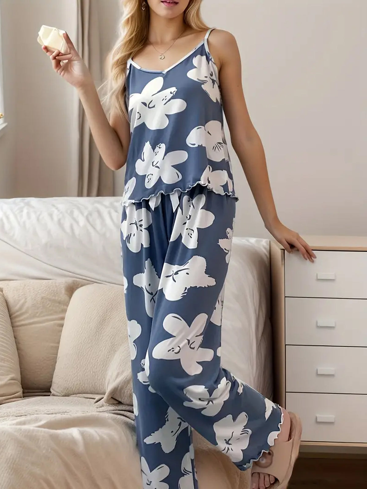 Floral Print Cami Pajama Set - Haze Blue