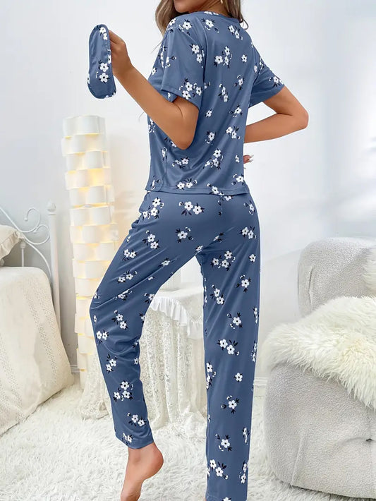 Floral Print Loose Pajama Set - Blue