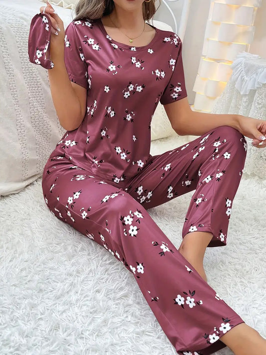 Floral Print Loose Pajama Set - Burgundy