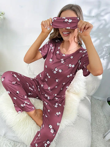 Floral Print Loose Pajama Set - Burgundy