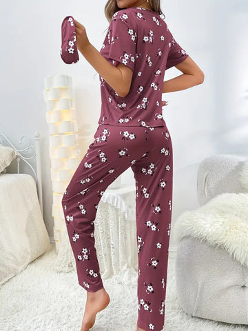 Floral Print Loose Pajama Set - Burgundy