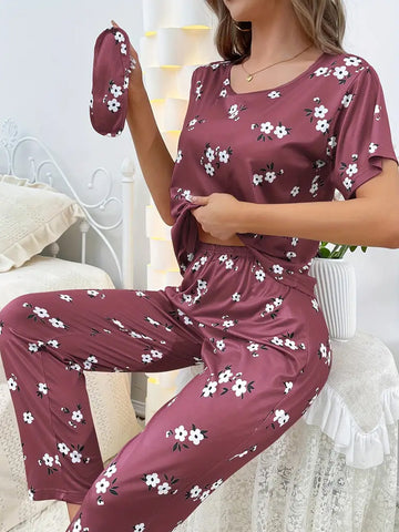 Floral Print Loose Pajama Set - Burgundy