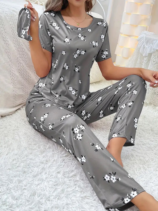 Floral Print Loose Pajama Set - Dark Gray