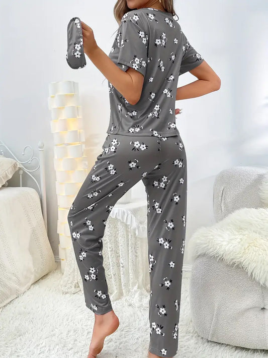 Floral Print Loose Pajama Set - Dark Gray