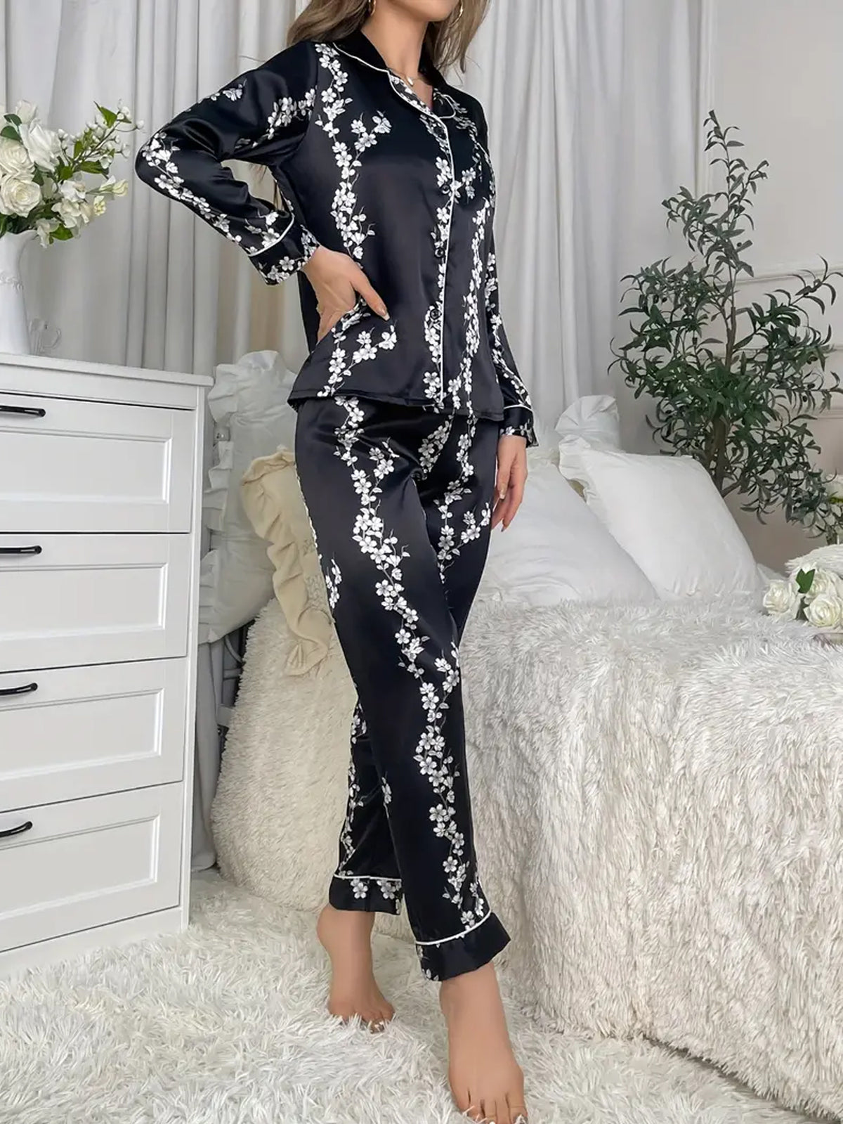 Floral Print Lounge Set - Black