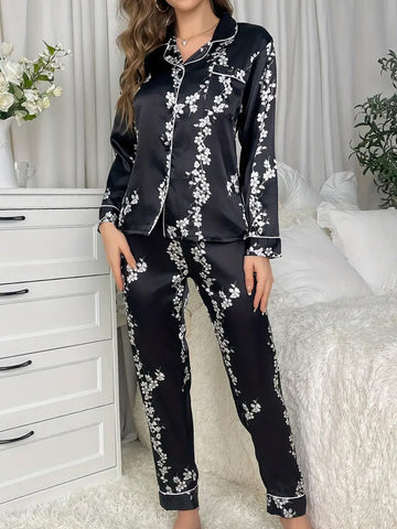 Floral Print Lounge Set - Black