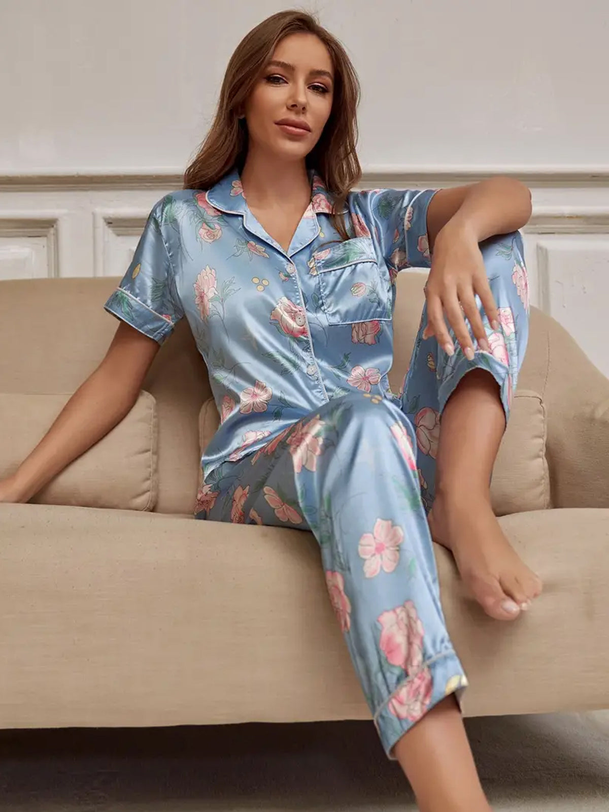 Floral Print Short Sleeve Lapel Top Pajama Set - Blue