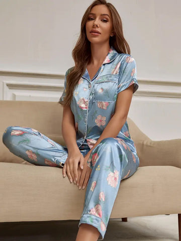 Floral Print Short Sleeve Lapel Top Pajama Set - Blue