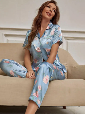 Floral Print Short Sleeve Lapel Top Pajama Set - Blue