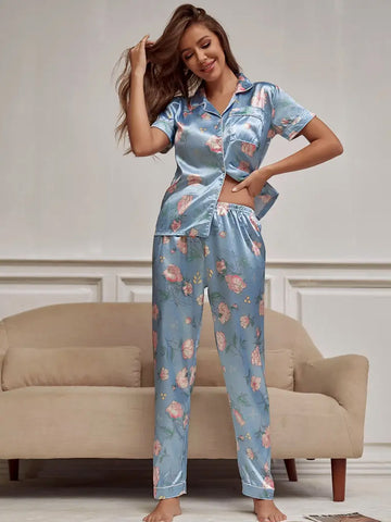 Floral Print Short Sleeve Lapel Top Pajama Set - Blue