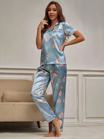 Floral Print Short Sleeve Lapel Top Pajama Set - Blue