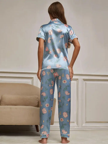 Floral Print Short Sleeve Lapel Top Pajama Set - Blue