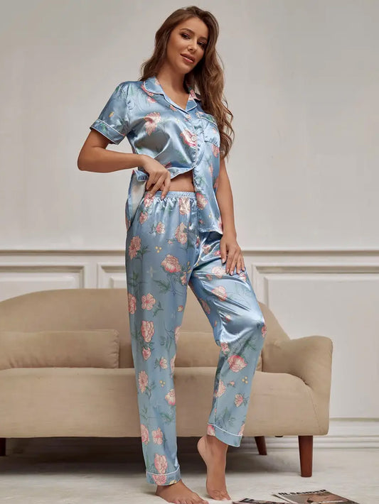 Floral Print Short Sleeve Lapel Top Pajama Set - Blue