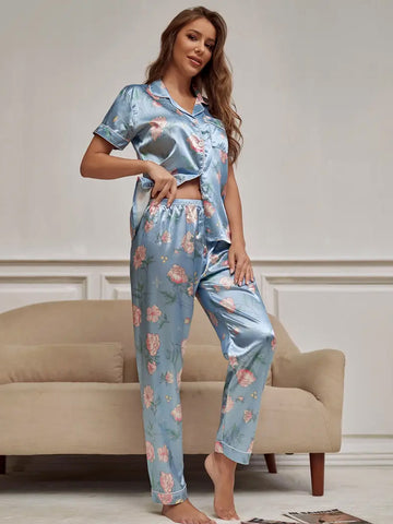 Floral Print Short Sleeve Lapel Top Pajama Set - Blue