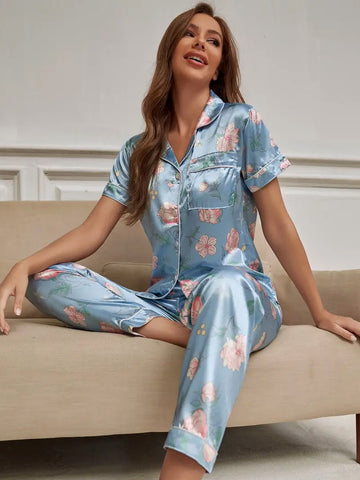 Floral Print Short Sleeve Lapel Top Pajama Set - Blue