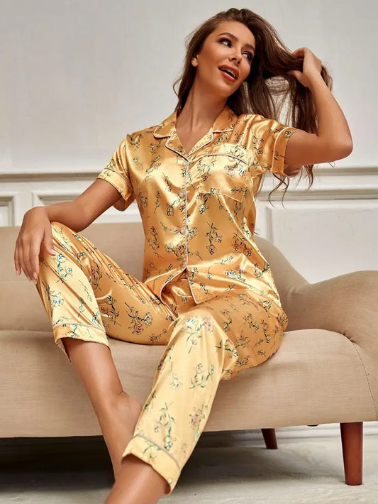 Floral Print Short Sleeve Lapel Top Pajama Set - Yellow