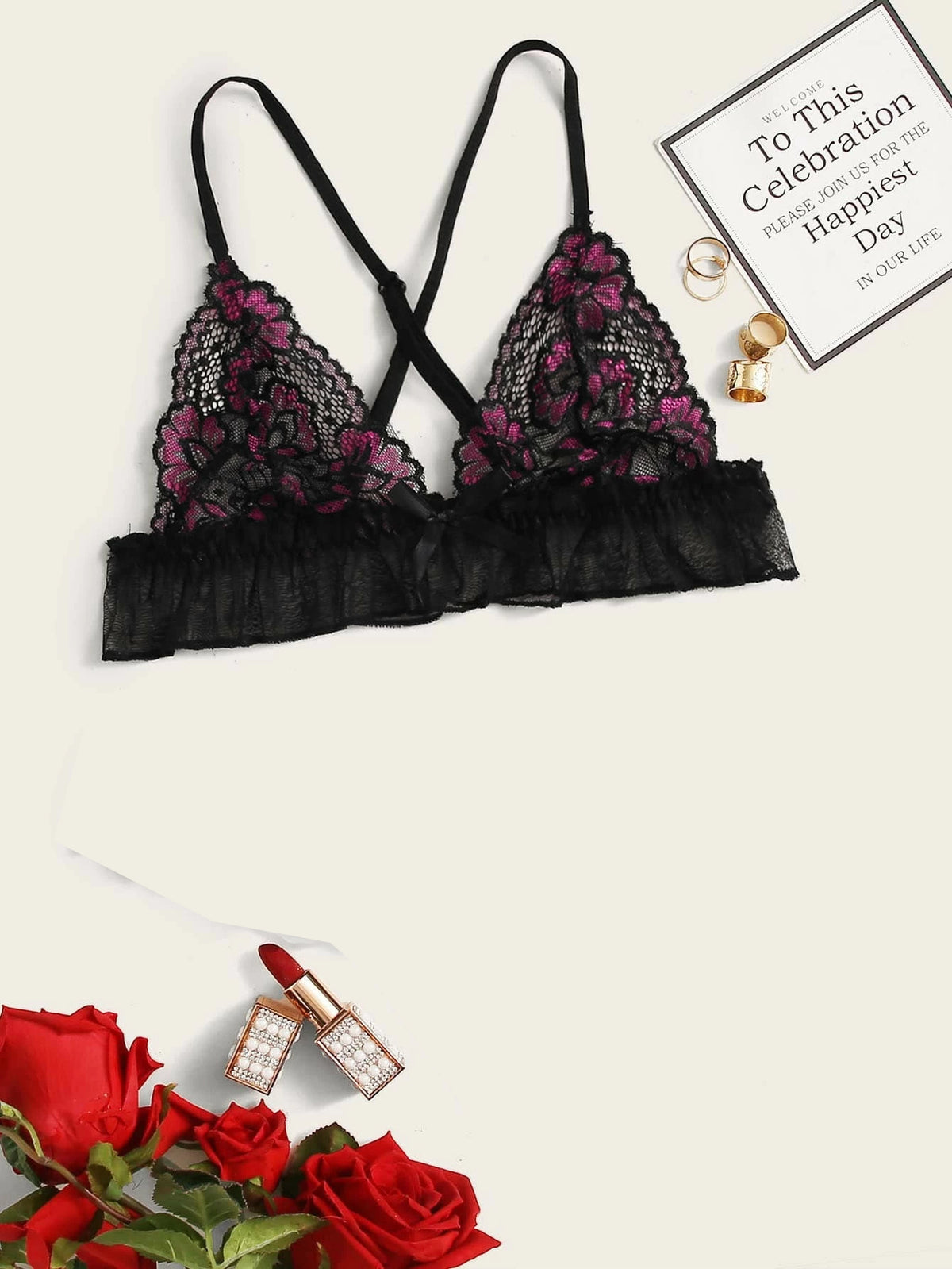 Frill Trim Floral Lace Lingerie Set ED