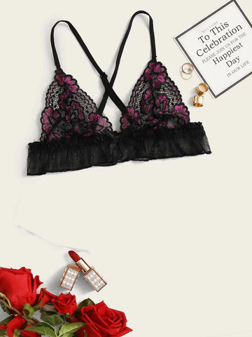 Frill Trim Floral Lace Lingerie Set ED