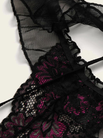 Frill Trim Floral Lace Lingerie Set ED