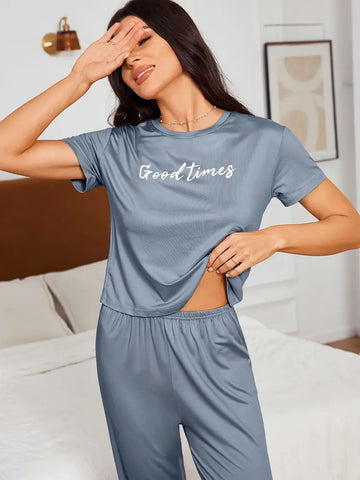 GOOD TIME Letter Print Pajamas Set - Blue