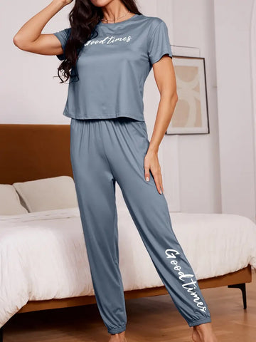 GOOD TIME Letter Print Pajamas Set - Blue