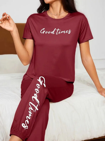 GOOD TIME Letter Print Pajamas Set - Burgundy