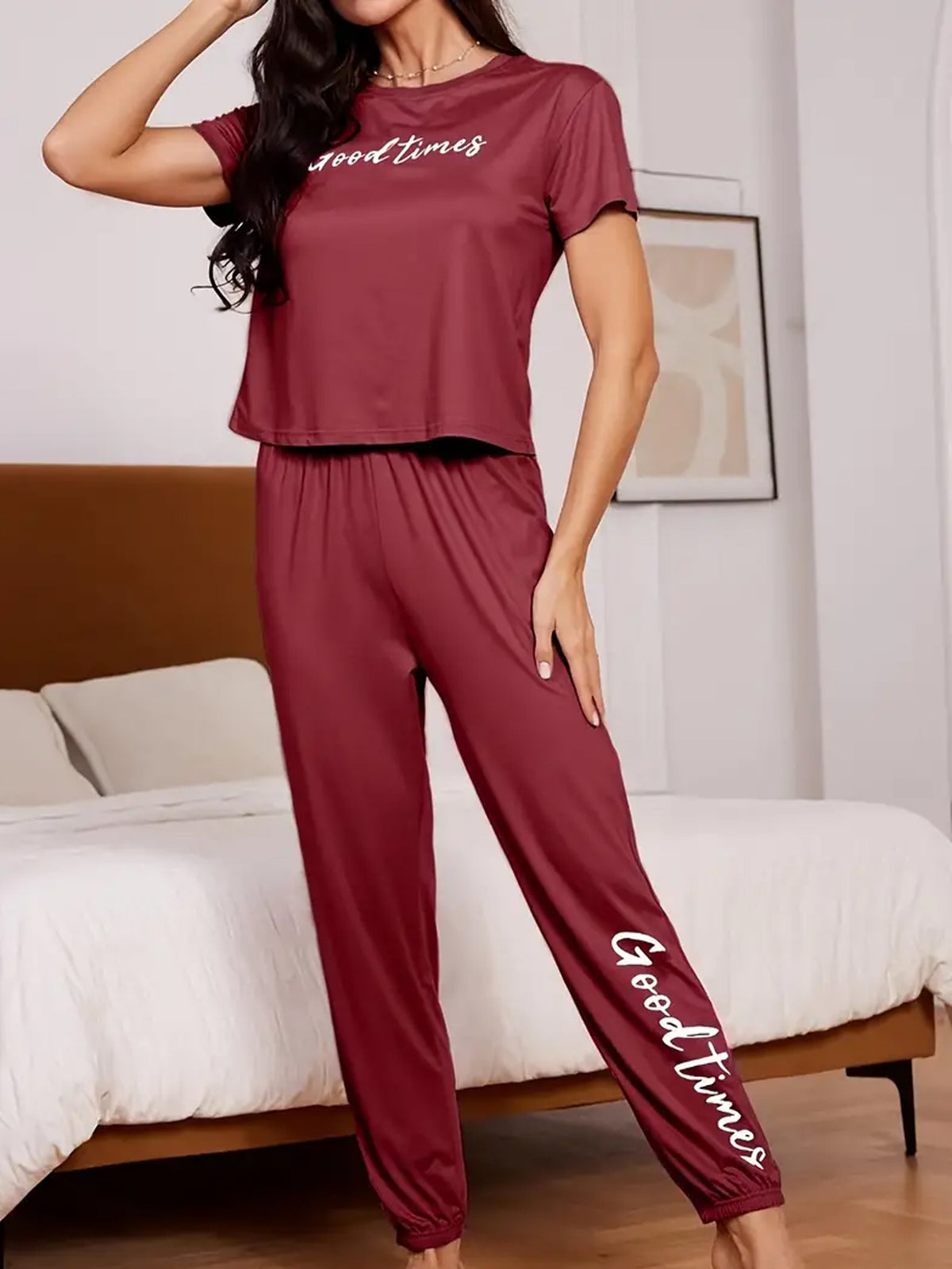 GOOD TIME Letter Print Pajamas Set - Burgundy