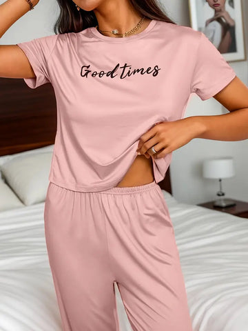 GOOD TIME Letter Print Pajamas Set - Pink