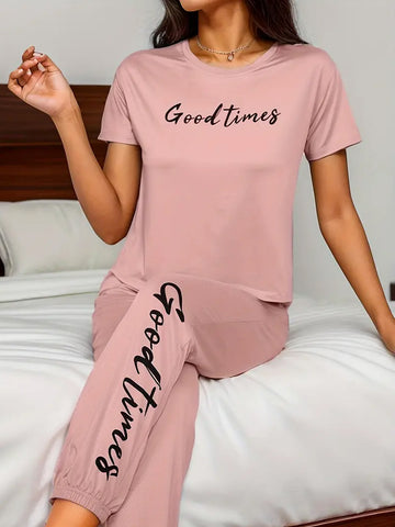 GOOD TIME Letter Print Pajamas Set - Pink