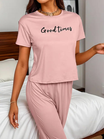 GOOD TIME Letter Print Pajamas Set - Pink