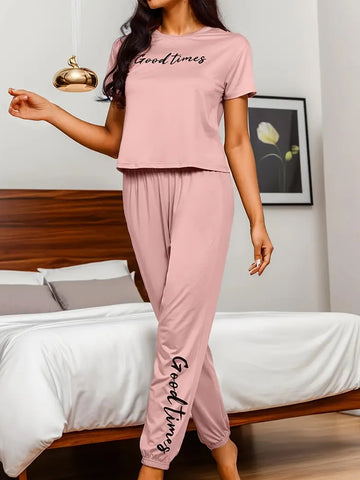 GOOD TIME Letter Print Pajamas Set - Pink