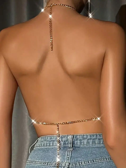 Glittery Acrylic Chain Fringe Hollow Out Rimstone Bra