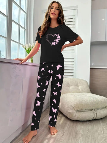 Heart Print Pajama Set - Black