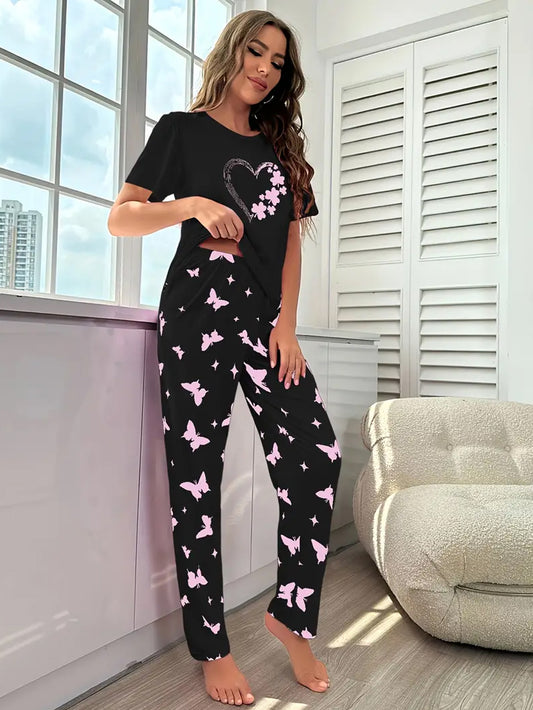 Heart Print Pajama Set - Black