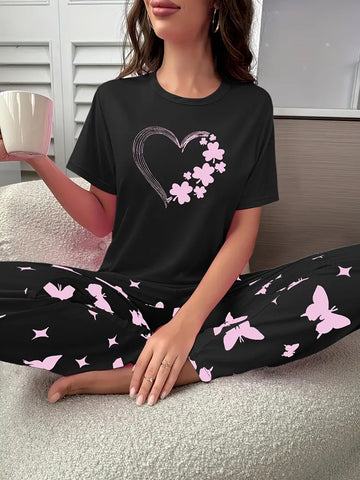 Heart Print Pajama Set - Black