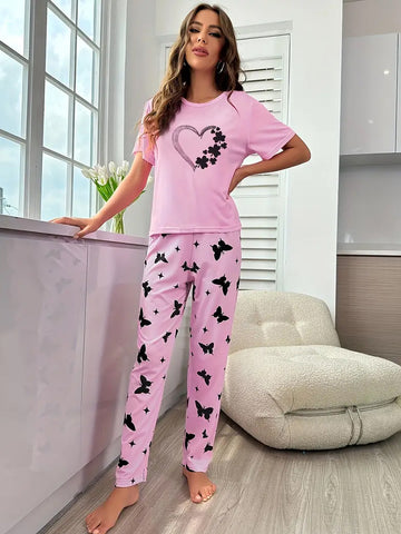 Heart Print Pajama Set - Pink