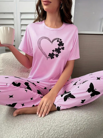 Heart Print Pajama Set - Pink